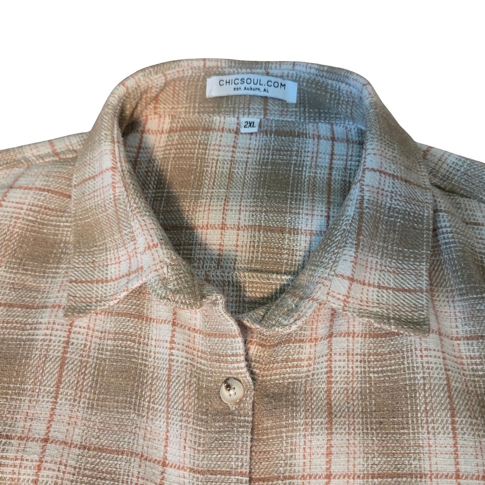 Chic Soul Tan Plaid Coastal Relaxed Fit Womens 2XL Long Sleeve Oversized Shacket - Picture 3 of 9